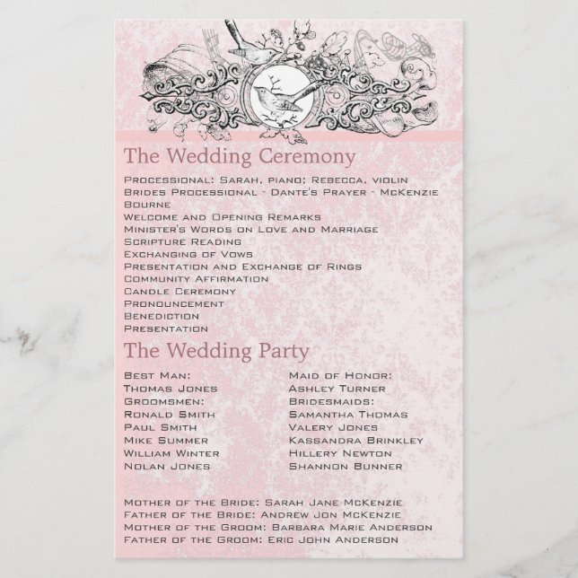 Vintage Vögel Rosa Musical Scroll Wedding Programm (Vorderseite)