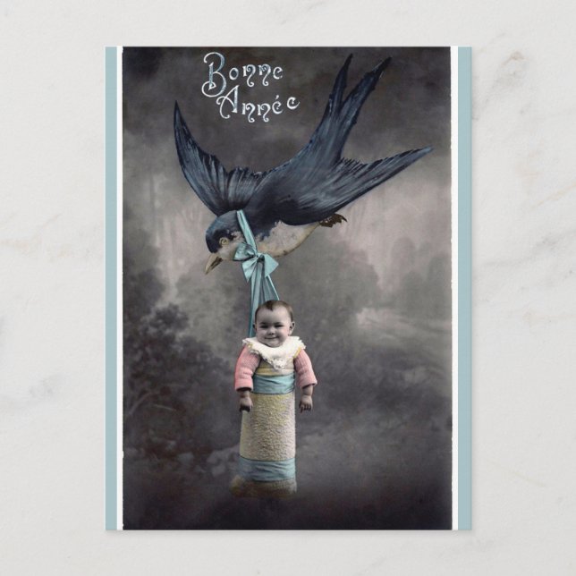 Vintage Vögel tragen Baby Happy New Year Postkarte (Vorderseite)