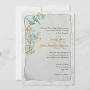 Vintage Vögel Türkis und Orange Damast-Hochzeit Einladung