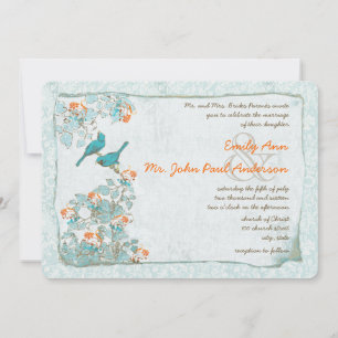 Vintage Vögel Türkis und Orange Damast Hochzeit Einladung