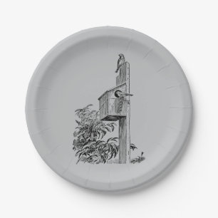 Vintage Vögel und Birdhouse Silver Pappteller