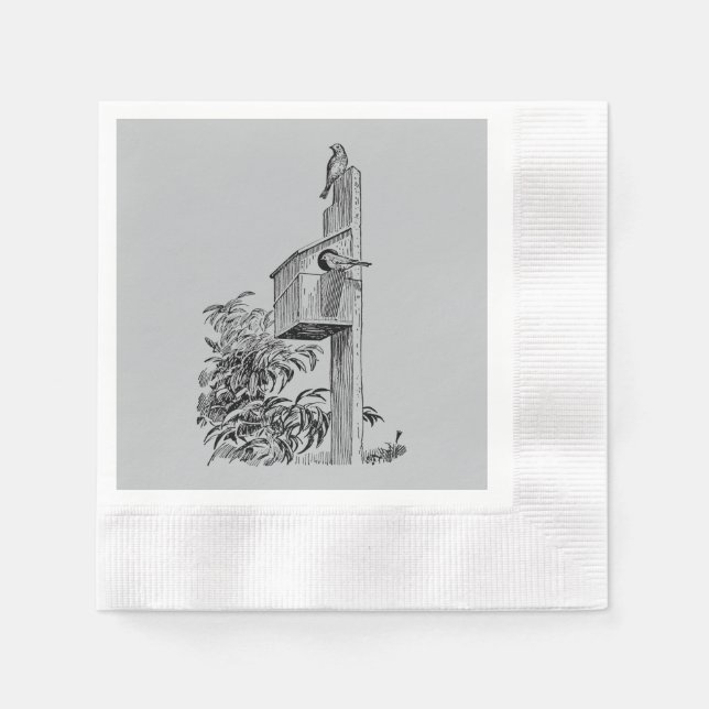 Vintage Vögel und Birdhouse Silver Serviette (Vorderseite)