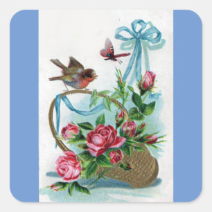 Vintage Vogel und Blumen Quadratischer Aufkleber