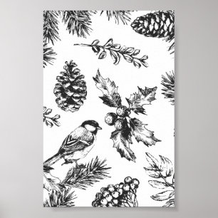 Vintage Vogel- und Kiefernzapfen-Muster Weihnachte Poster