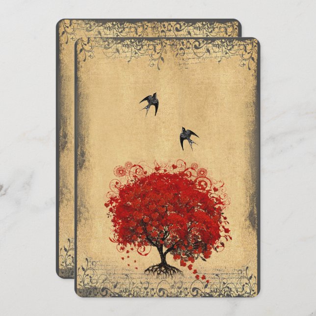 Vintage Vogelarten Grundpapier aus Herzenleder Rot Einladung (Vorne/Hinten)