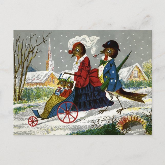 Vintage Vogelfamilie Weihnachtspostkarte Postkarte (Vorderseite)