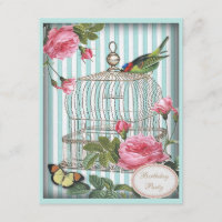 Vintage Vogelgesang, Käfig und Rose Geburtstagspar