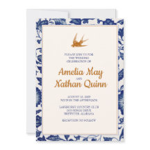 Vintage Vogelhochzeit Einladung in Elegantes Blau