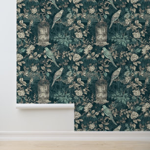 Vintage-Vogelkäfig-Blumen-Teal-Grün-Creme Tapete