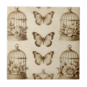 Vintage-Vogelkäfig-Schmetterling-Rose-Sepia-Muster Fliese