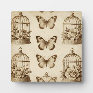 Vintage-Vogelkäfig-Schmetterlingsrose-Sepia-Muster Fotoplatte
