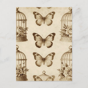 Vintage-Vogelkäfig-Schmetterlingsrose-Sepia-Muster Postkarte