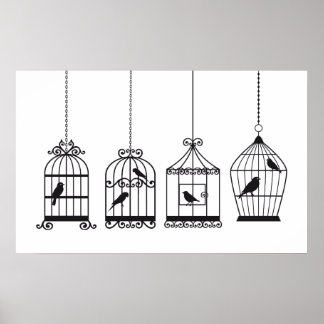 Vintage Vogelkäfige mit niedlichen Vögeln Poster