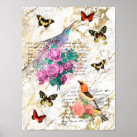 Vintage Vogelkunst, Blume, Schmetterlinge, Briefe