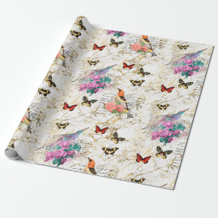 Vintage Vogelkunst, Blumen, Schmetterlinge alte Br Geschenkpapier