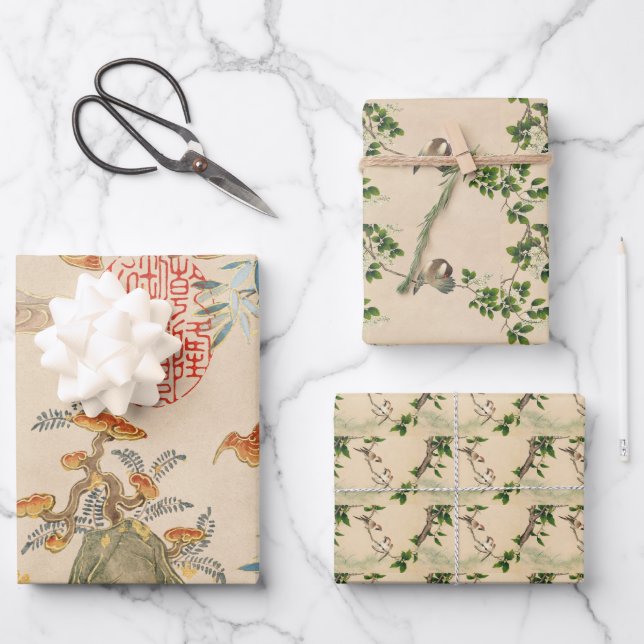 Vintage Vogelkunst Geschenkpapier Set (Vorderseite)