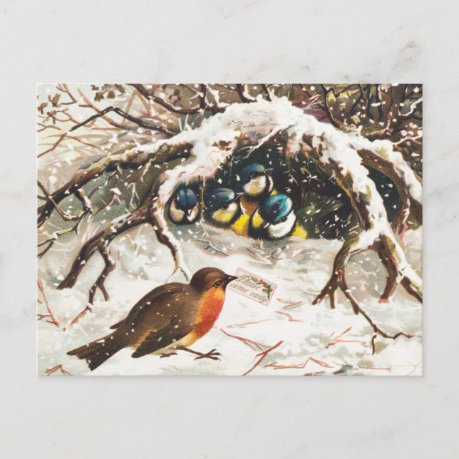 Vintage Vogelprägung im Schneeweihnachtsurlaub Feiertagspostkarte (Vorderseite)