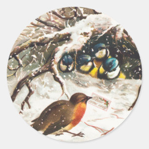 Vintage Vogelprägung im Schneeweihnachtsurlaub Runder Aufkleber