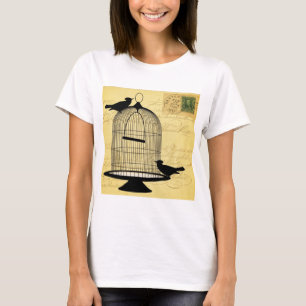 Vintage-Vogeluhr-Silhouette und Handschrift T-Shirt