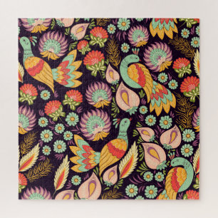 Vintage-Volkskunst-Blumen-Vögel-Ornament Puzzle