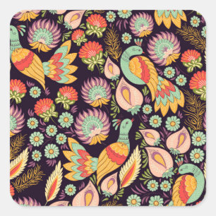 Vintage-Volkskunst-Blumen-Vögel-Ornament Quadratischer Aufkleber