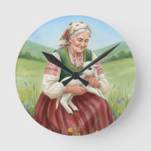 Vintage-Volkskunst-Oma-Lamm-Wanduhr