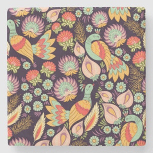 Vintage-Volkstümliches-Blumen-Vögel-Ornament Steinuntersetzer