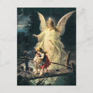 Vintage Wächter Engel und Kinder auf Brücke Postkarte