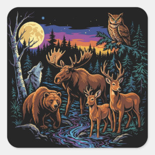 Vintage-Wald-Wildtiere-Elch-Bär-Wolf-Hirsch Quadratischer Aufkleber