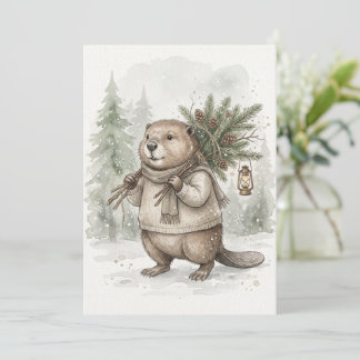 Vintage-Wald-Winter-Biber-Aquarell-Wald Mitteilungskarte
