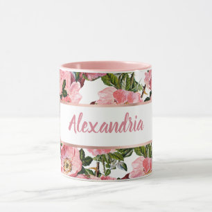 Vintage-Waldgrün-rosafarbenes Korallen-Boho-Blumen Tasse