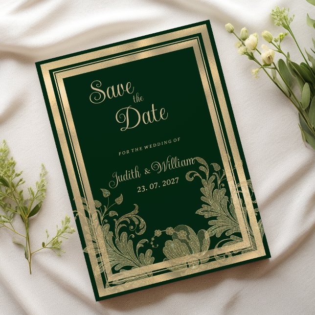 Vintage waldgrüne UAWG Einladung (Vintage forest green gold floral Save the Date )