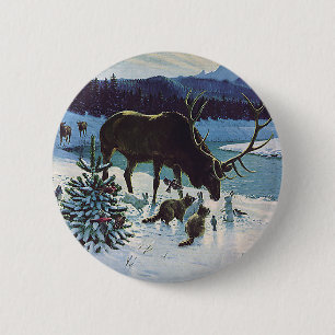 Vintage Waldkreaturen und Elche im Winterschnee Button