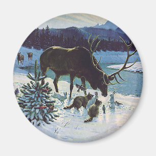 Vintage Waldkreaturen und Elche im Winterschnee Magnet