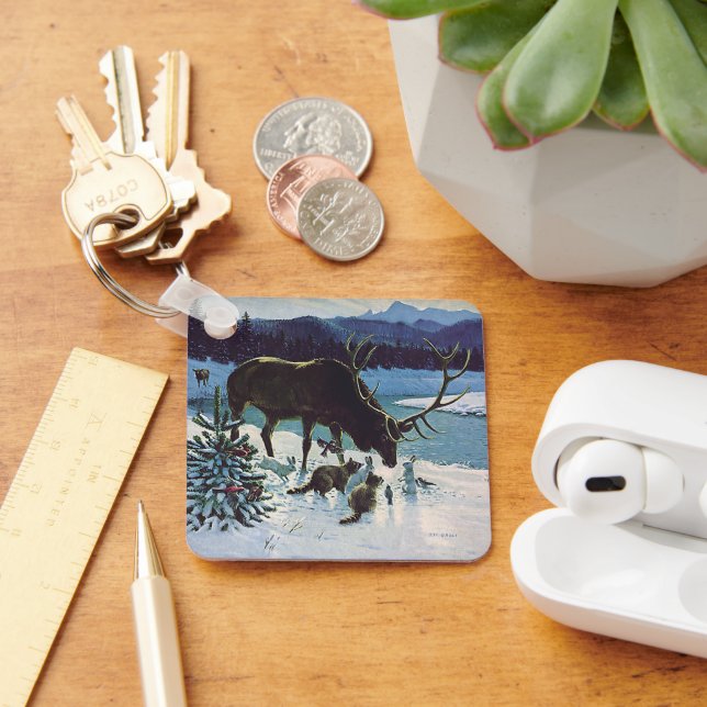 Vintage Waldkreaturen und Elche im Winterschnee Schlüsselanhänger (Schreibtisch)
