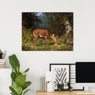 Vintage-Waldlandschaft mit Hirschkuh und Rehkitz,  Poster