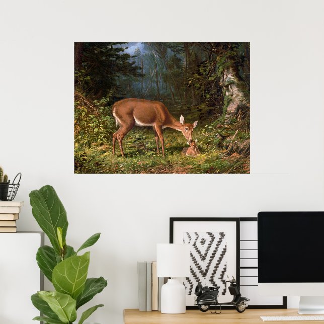 Vintage-Waldlandschaft mit Hirschkuh und Rehkitz,  Poster (Heimbüro)
