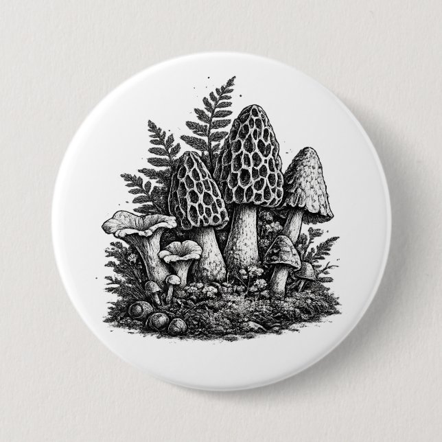 Vintage-Waldpilze Linolschnitt Button (Vorderseite)