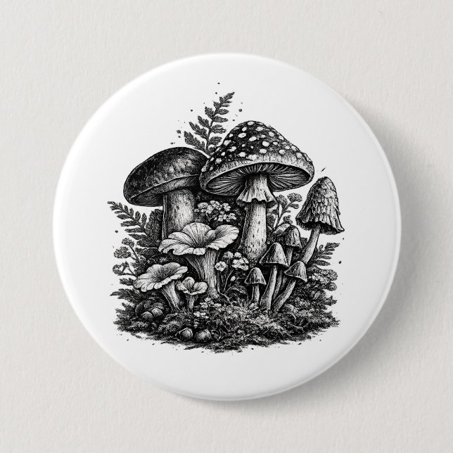 Vintage-Waldpilze Linolschnitt Button (Vorderseite)