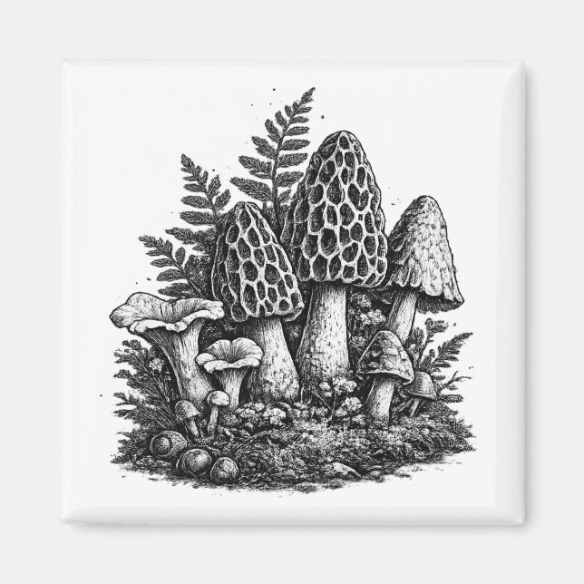 Vintage-Waldpilze Linolschnitt Magnet (Vorne)