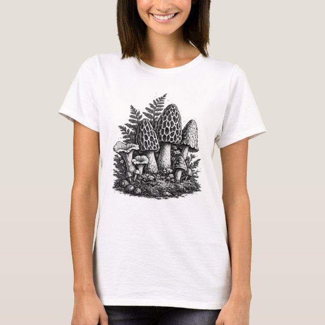Vintage-Waldpilze Linolschnitt T-Shirt (Vorderseite)