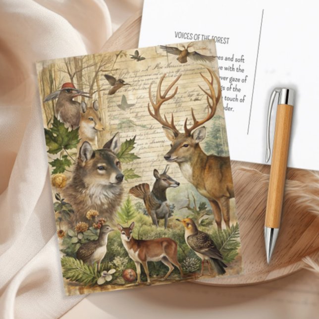 Vintage Waldtiere Wolf Deer Nature Postkarte (Vintage woodland animals postcard)