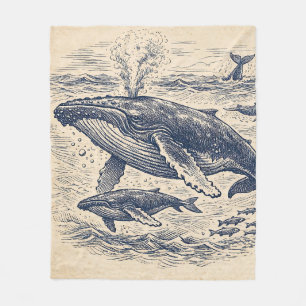 Vintage-Walillustration einer Buckelwalfamilie Fleecedecke
