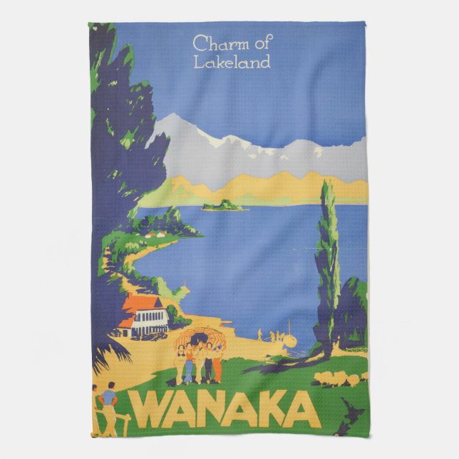 Vintage Wanaka-Neuseeland-Seenlandfahrt Geschirrtuch (Vertikal)