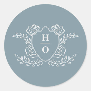 Vintage-Wappen-Blumen-Monogramm Blaue Hochzeit Runder Aufkleber