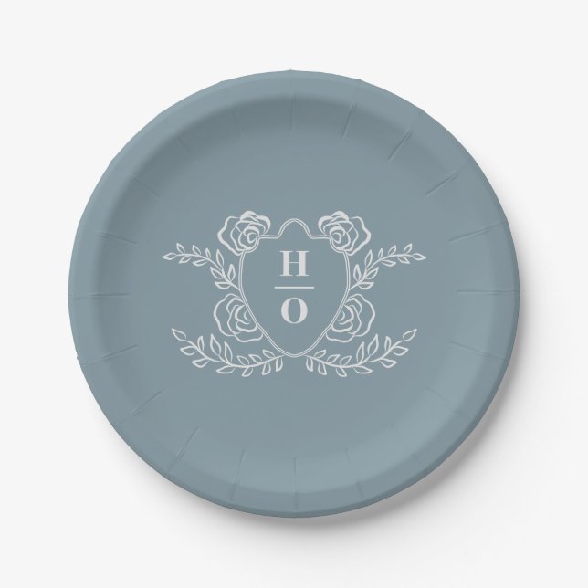 Vintage-Wappen-Blumen-Monogramm-Hochzeit Pappteller (Vorderseite)