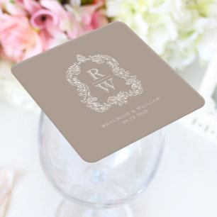 Vintage-Wappen-Monogramm-Namen-Taupe-Hochzeit Rechteckiger Pappuntersetzer