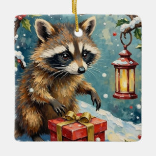 Vintage-Waschbär öffnet Weihnachtsgeschenkbox-Kuns Keramikornament