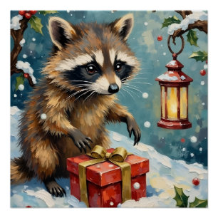 Vintage-Waschbär öffnet Weihnachtsgeschenkbox-Kuns Poster