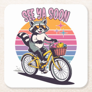 Vintage Waschbär Radfahren Bis Bald Retro Sonnenun Rechteckiger Pappuntersetzer